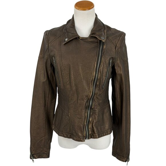 Y2K Free People Bronze Vegan Leather Asymmetrical Zip Moto Jacket | Streetwear - Picture 5 of 16